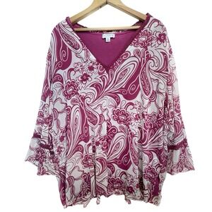 Susan Graver Floral Tunic Top 3X Magenta Whimsy Paisley Blouse Sheer Tank Top